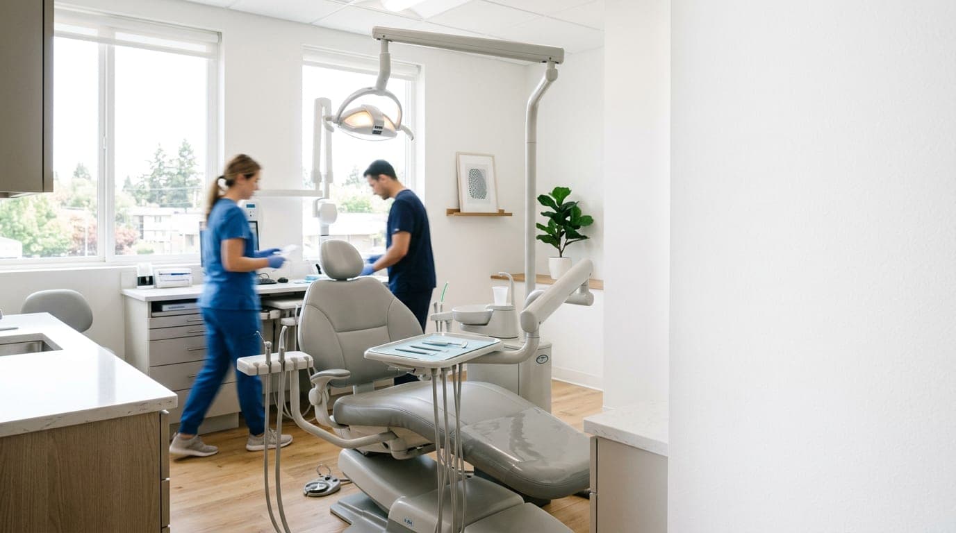 Interior of a modern dental office with a treatment chair, overhead light, and clean white walls, right side calm for headline text.